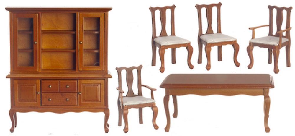 Dolls House Walnut Queen Ann Dining Room Furniture Set With Rectangular Table