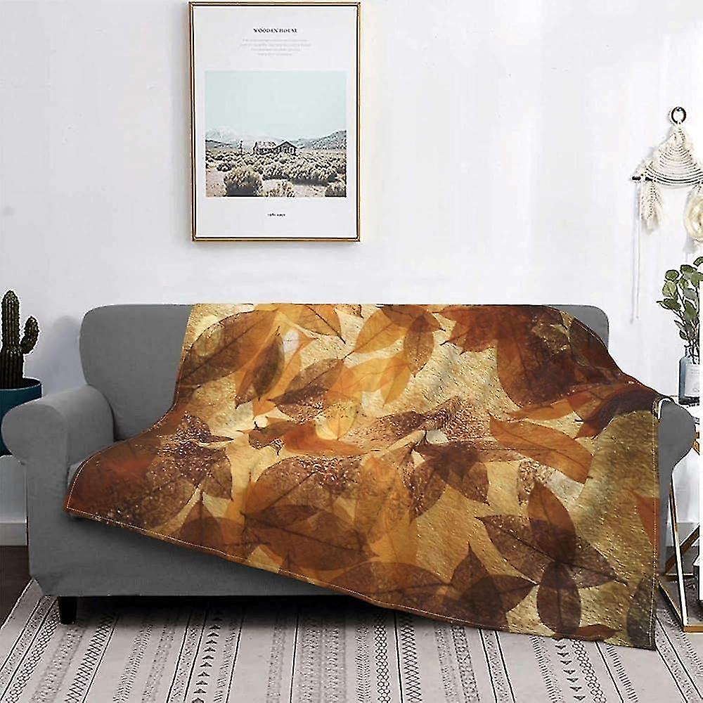 Blanket Brown Beige Gold Leafs Autumn Linen Warm Flannel Fleece