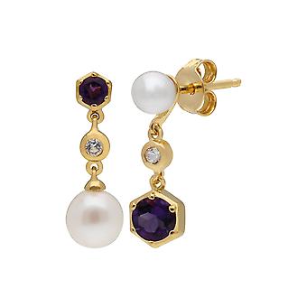 Modern Pearl, Amethyst & Topaz Mismatched Drop Earrings in...