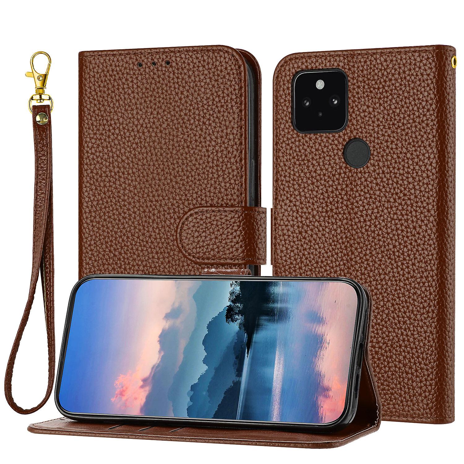For Google Pixel 5 Case, Litchi Grain PU Leather Folio Cover Magnetic Closure Flip Wallet Card Slots Stand Case With Hand Strap,Brown