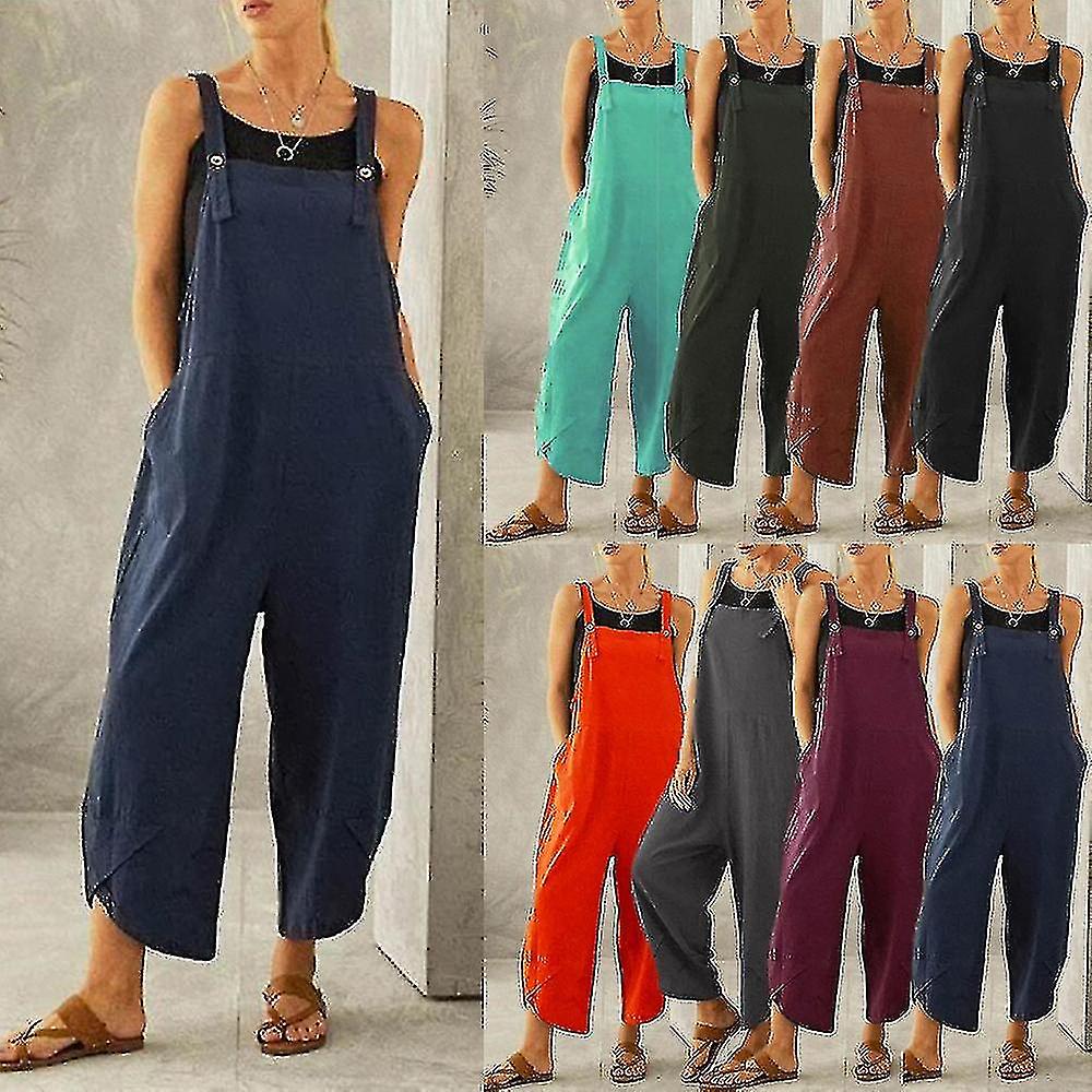 Womens Ladies Summer Autumn Dungarees Cami Top Buttons Overalls Baggy Jumpsuit Playsuit Pockets Trou