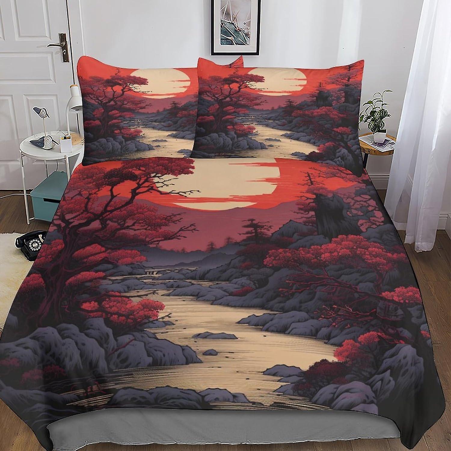 VCLUST River 3D Print Bedding Sets, with Pillow Cases, Duvet Cover Sets Soft Microfiber 3 Pieces, Sunset Quilt Cover with Zipper Comforter Cover for A