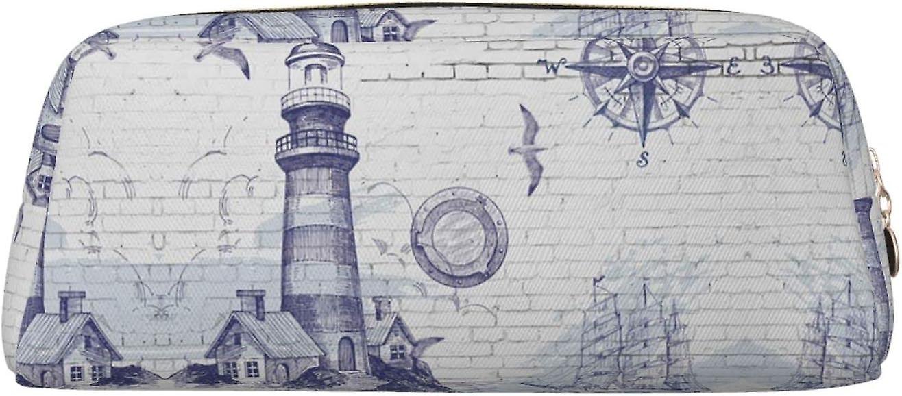 ET254 סירת מפרש תיק עיפרון הדפסת מצפן ימי, עור מסוגנן לתיק עיפרון