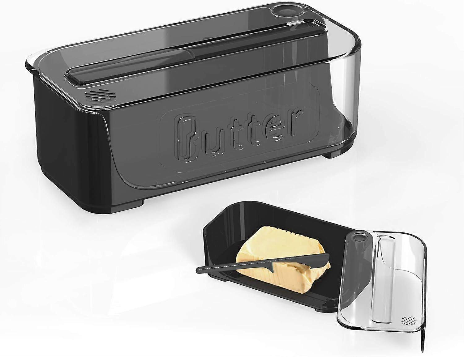 Butter Dish with Lid and Knife, Airtight Butter Container for Countertop or Freezer Butter Dish with Lid, ABS Plastic Butter Dish with Flip Lid (Black