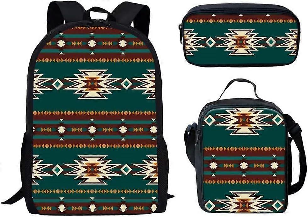 3ピースボヘミアントライバルアステカプリントキッドバックパックキット、中学校のバックパックとランチボックス、男の子の女の子のためのペンシルバッグ、学校/旅行/ピクニック