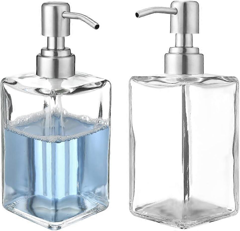 2 عبوة زجاجات موزع سائل الصابون 450 مل زجاجة زجاجية شفافة زجاجية مربعة مع موزع صابون بمضخة الفولاذ المقاوم للصدأ