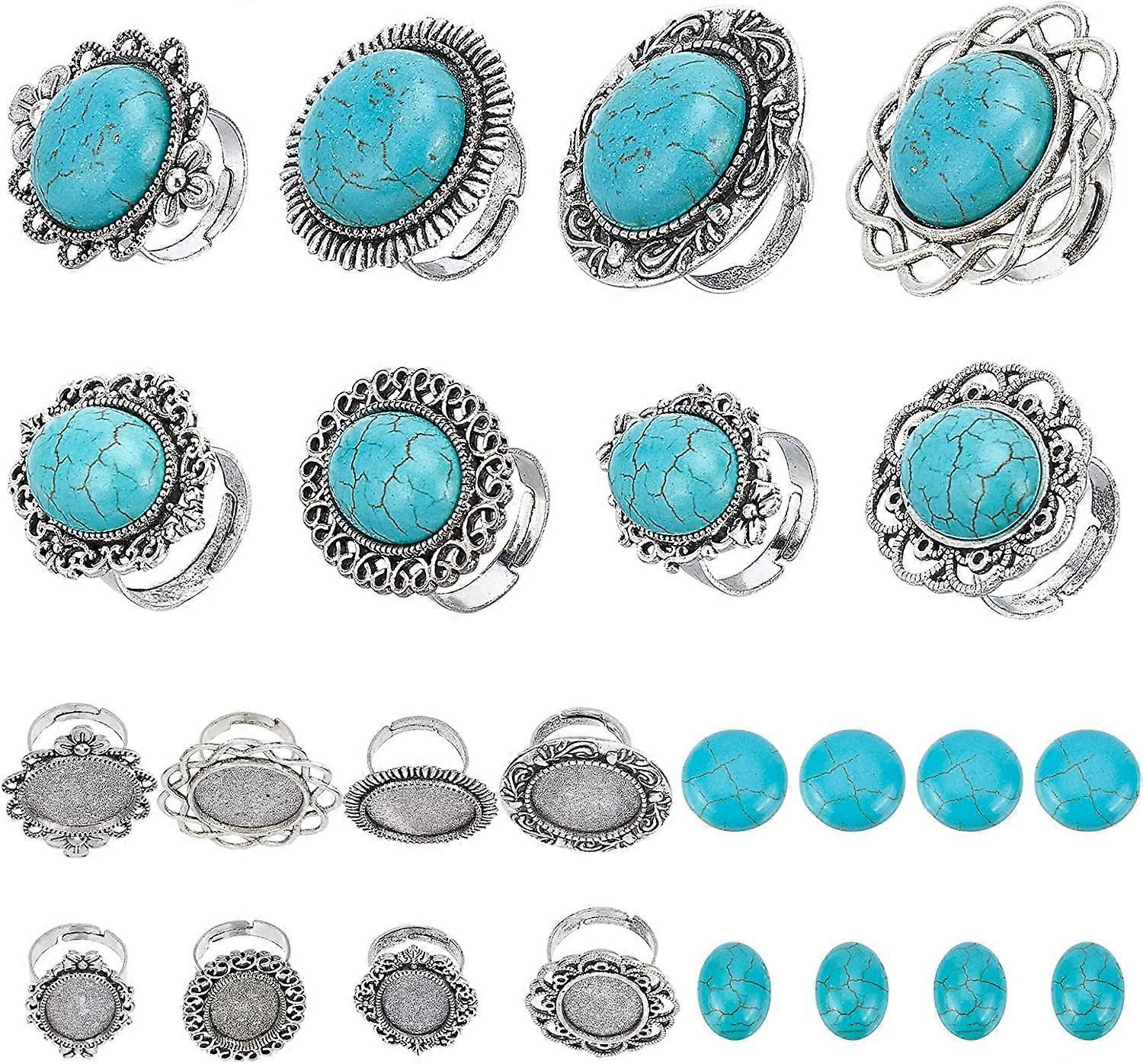 8 Sets 2Styles DIY Gemstone Cabochon Ring Setting Including Adjustable Oval Flat Round Ring Blank & Oval Turquoise Cabochons for Women Beginners DIY R