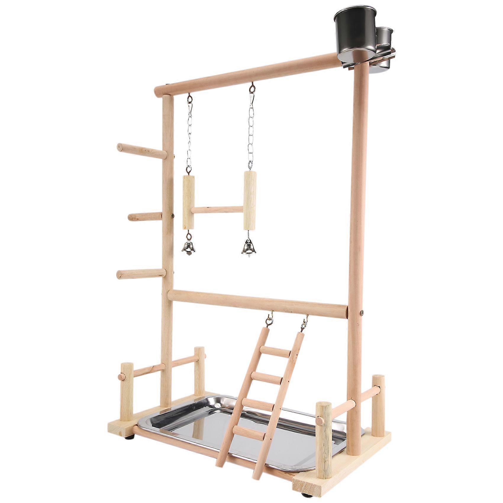 Parrots Playground,Natural Wooden Parrot Perch Gym Play Stand Parakeet with Feeder Cups and Toys Ex
