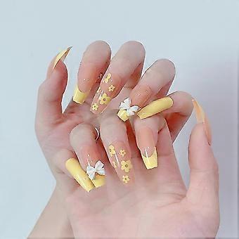 Glossy Green Fake Nails Cute Flower Full Cover False Nails Set24pcs
