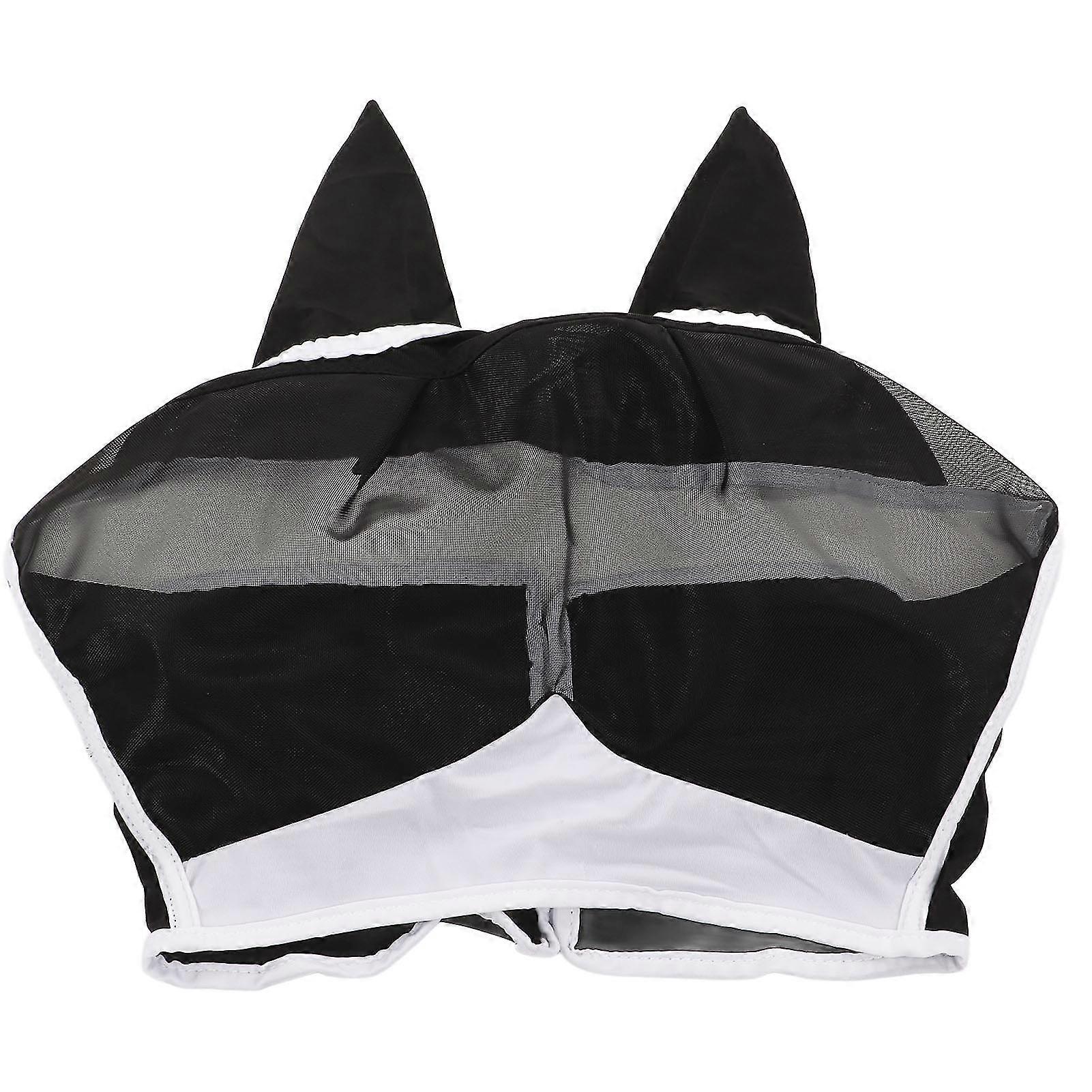 Black S Detachable Breathable Horse Fly Mask with Ears - Elastic UV Protection