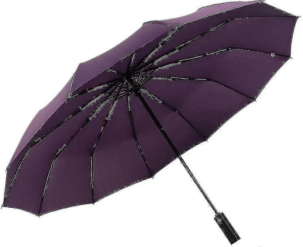 12 Ribs Handheld Folding Umbrella Windproof Compact Travel Auto Open/close Large-