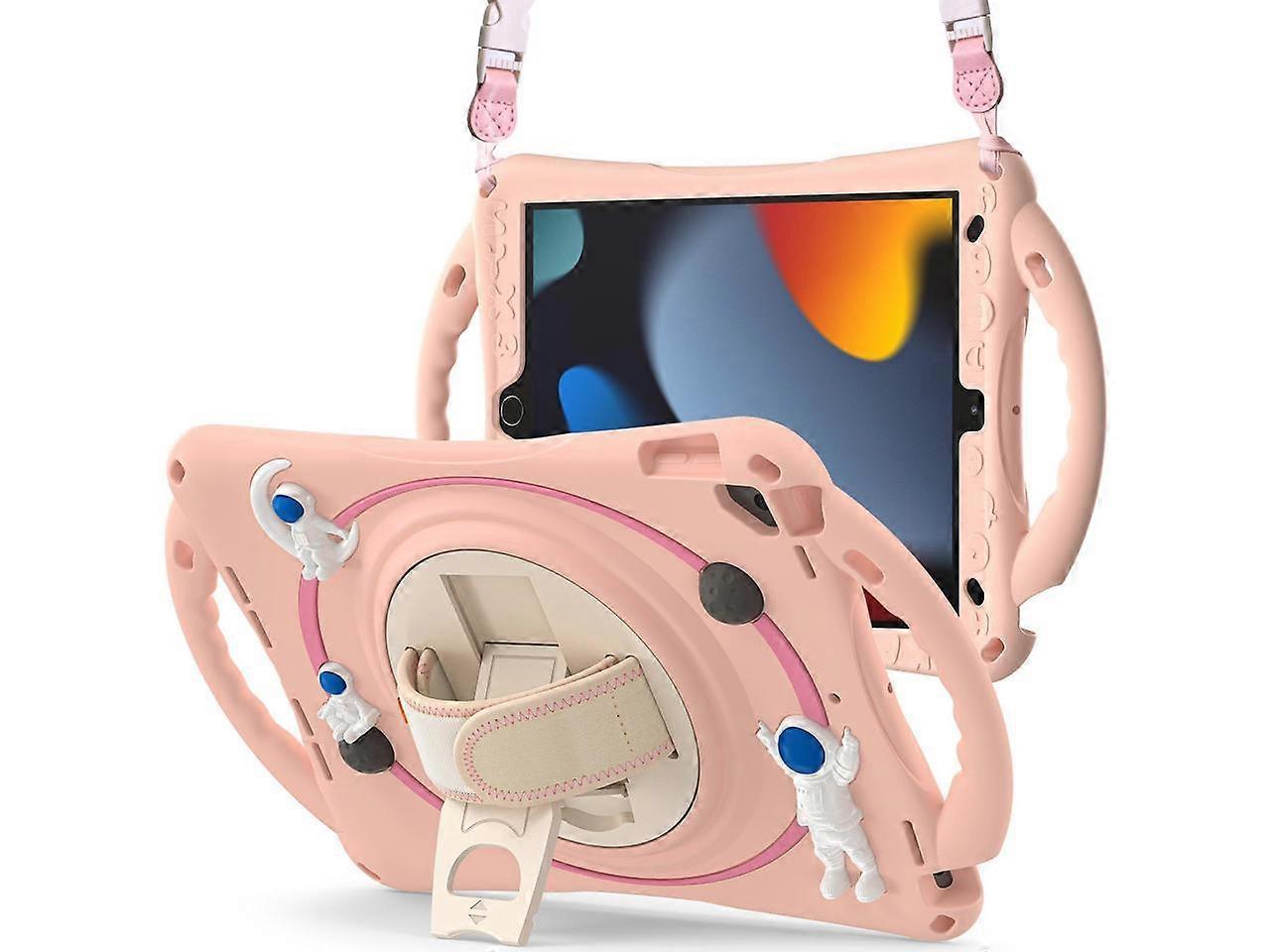 Cute Case for iPad 9th 8th 7th Generation 10.2", Shockproof Silicone Astronaut Cover with Stand, Shoulder Strap, Handle Grip, Pencil Holder for iPad 1