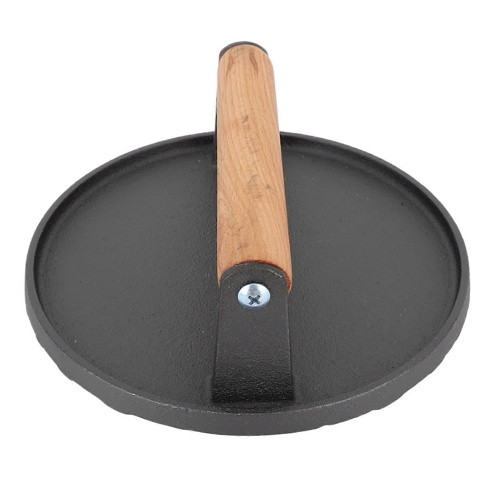 Steak Weight Cast Iron Bacon Press Wood Handle Pattern Bottom Grill Press for Burger Griddle Sandwich BBQ Vegetables