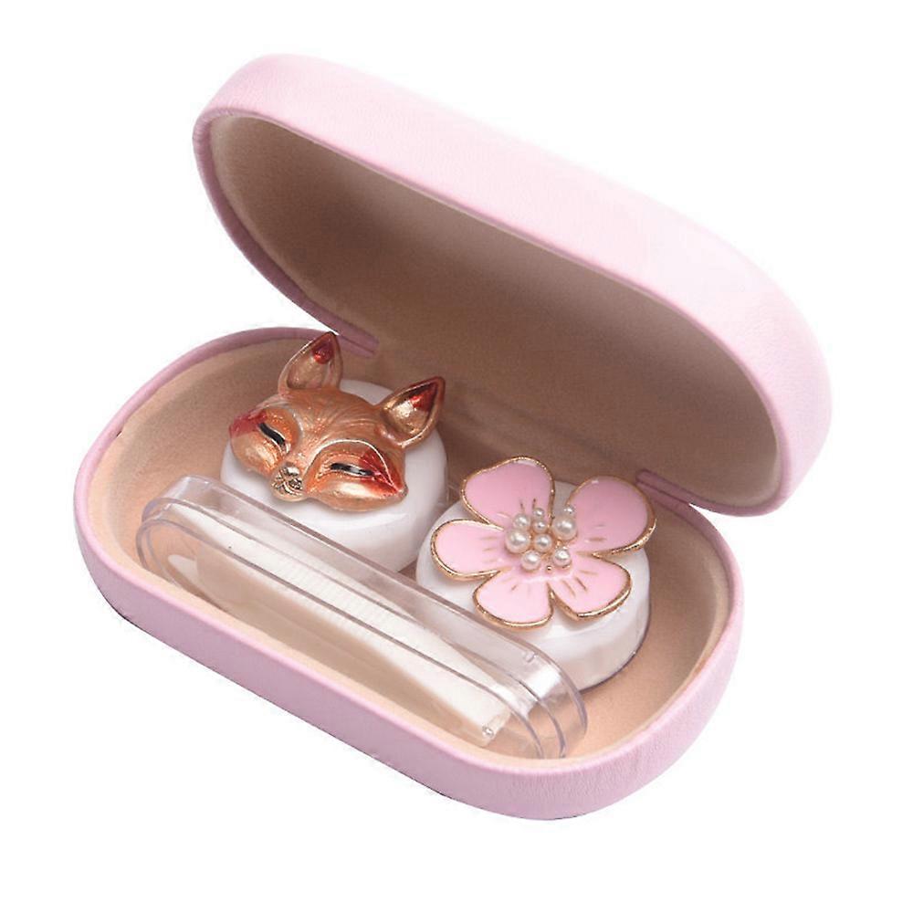 Cute Contact Lens Case Travel Kit Portable Contact Case Container With  2 Contact Lens Box, And Tweezers-Pink-Fox Style