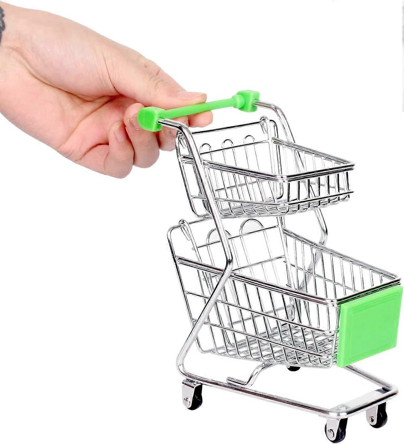 ミニショッピングカート、ミニスーパーマーケットショッピングカート、金属製二重層トロリー玩具、デスクトップ収納ショッピングカートモデルデコレーション(緑のおもちゃショッピング)
