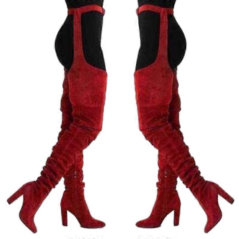 Women's Faux Suede Chunky Heel Thigh High Slouch Boots with Waist Belt