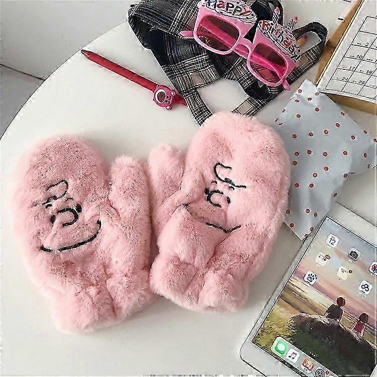 Cartoon plush gloves, winter furry double-layer warm finger gloves soft and comfortable