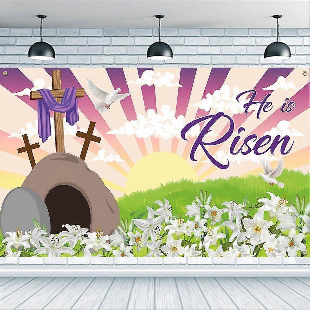 5.9x3.6ft Happy Easter Backdrop He is Risen Banner Cross Dove Lilies Clouds Sun Grass Pattern Backdrop Colorful Polyester Banner Decoration Easter The
