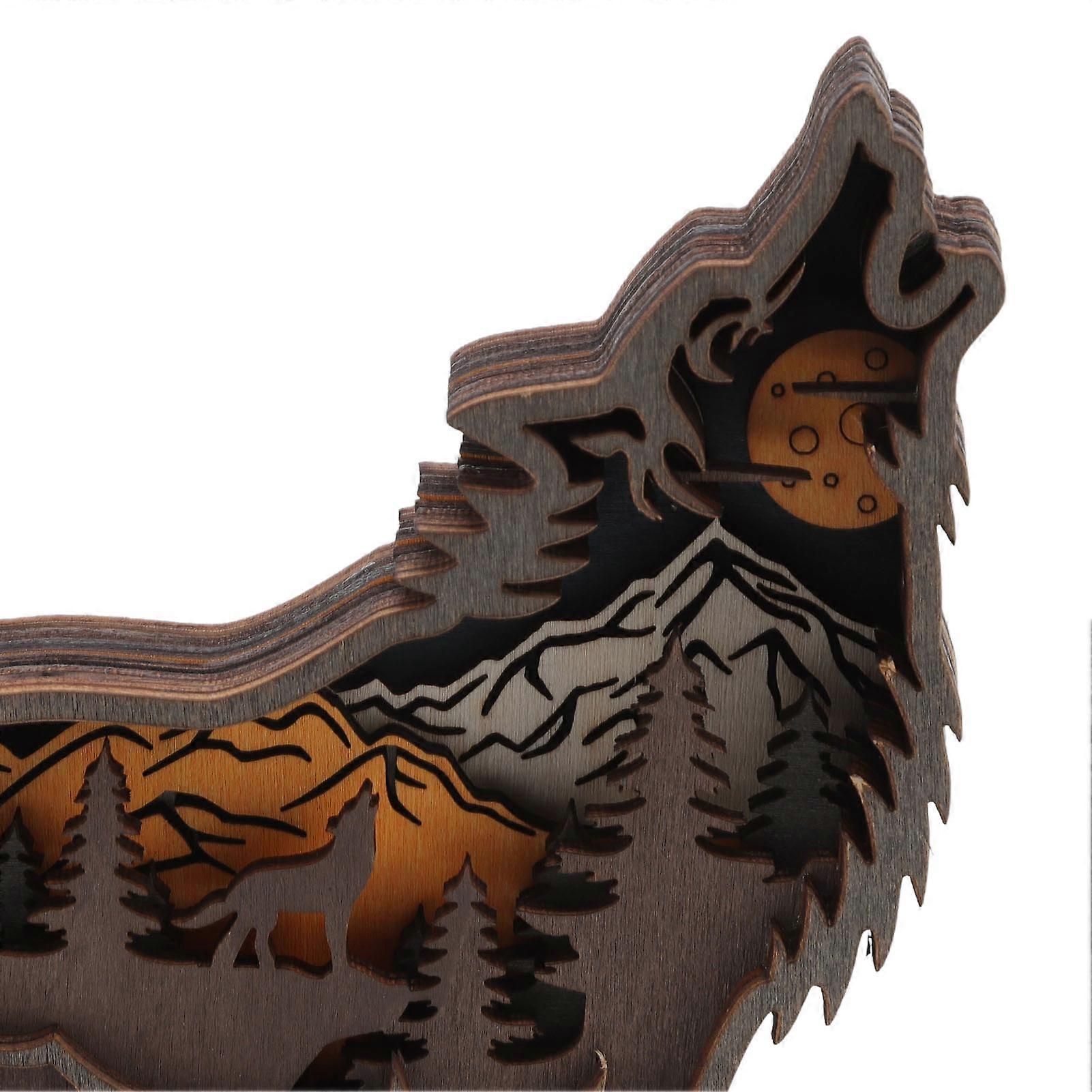 Wooden Wolf Statue Handcrafted For Home Decor With Hollowed Multilayer Design And Refined Details
