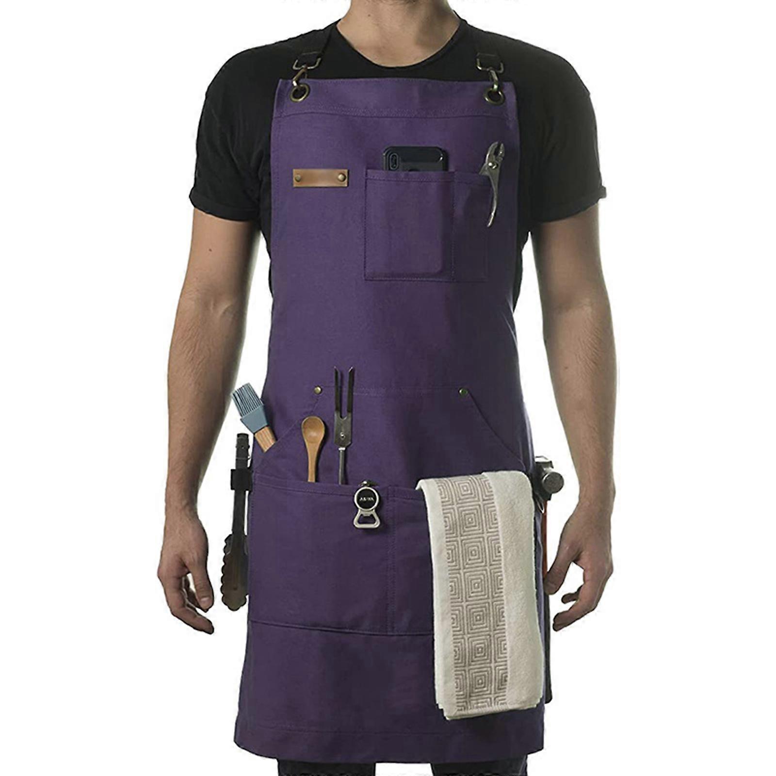 Stenffy Professional Work Apron Heavy Duty Canvas, Adjustable Cross Back Weight, Multiple Pockets for Men's and Women's  Purple