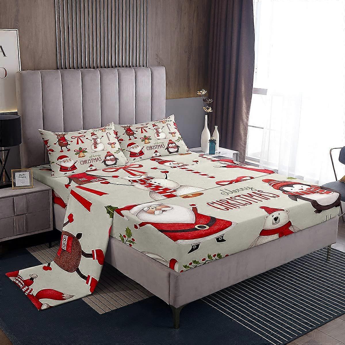 Girls Merry Christmas Bed Sheets Full Size 4 Piece Santa Claus Set with Deep Pocket Fitted Sheet and Cute Deer Penguin Design