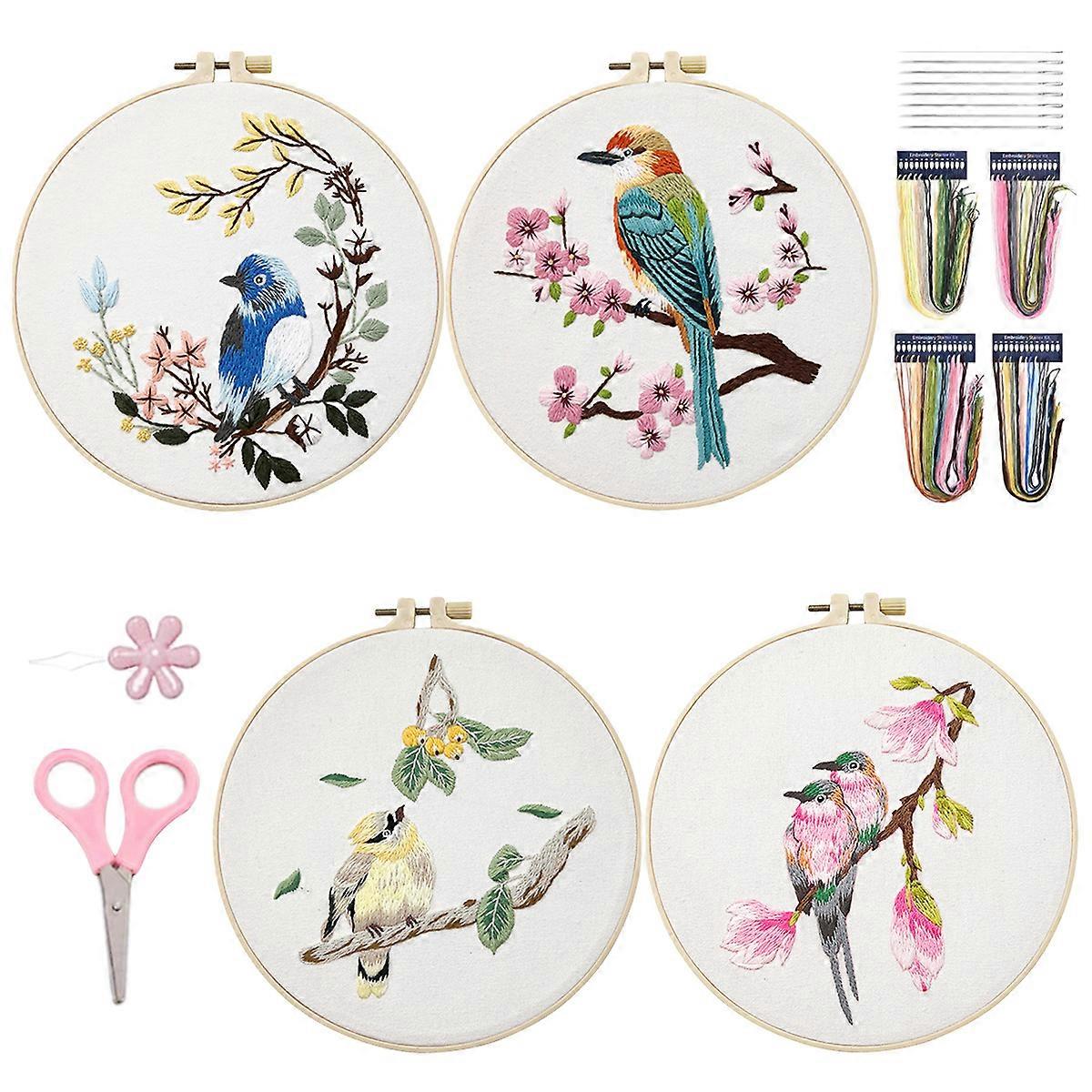 4 Pack Embroidery Kits for Adults Cross Stitch Kits for Beginners Hand Embroidery with Bird Patterns and Instructions Hobby Kits