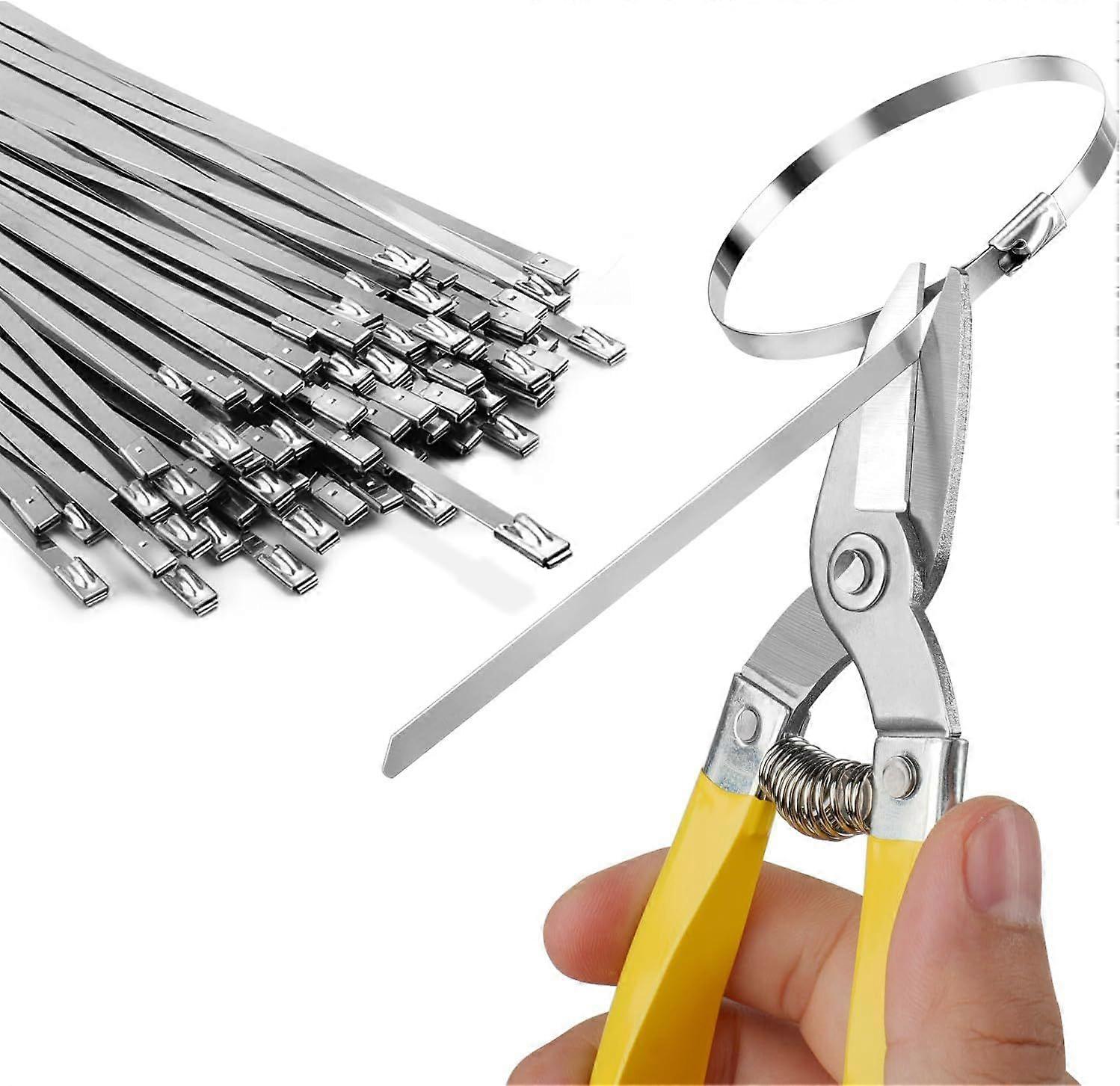 Heavy Duty Metal Cable Ties (with Cable Cutter) - UV Resistant Stainless Steel, 11.8 Inch, 50 Pcs, Self-Locking, Suitable for Securing Fences, Pipes,