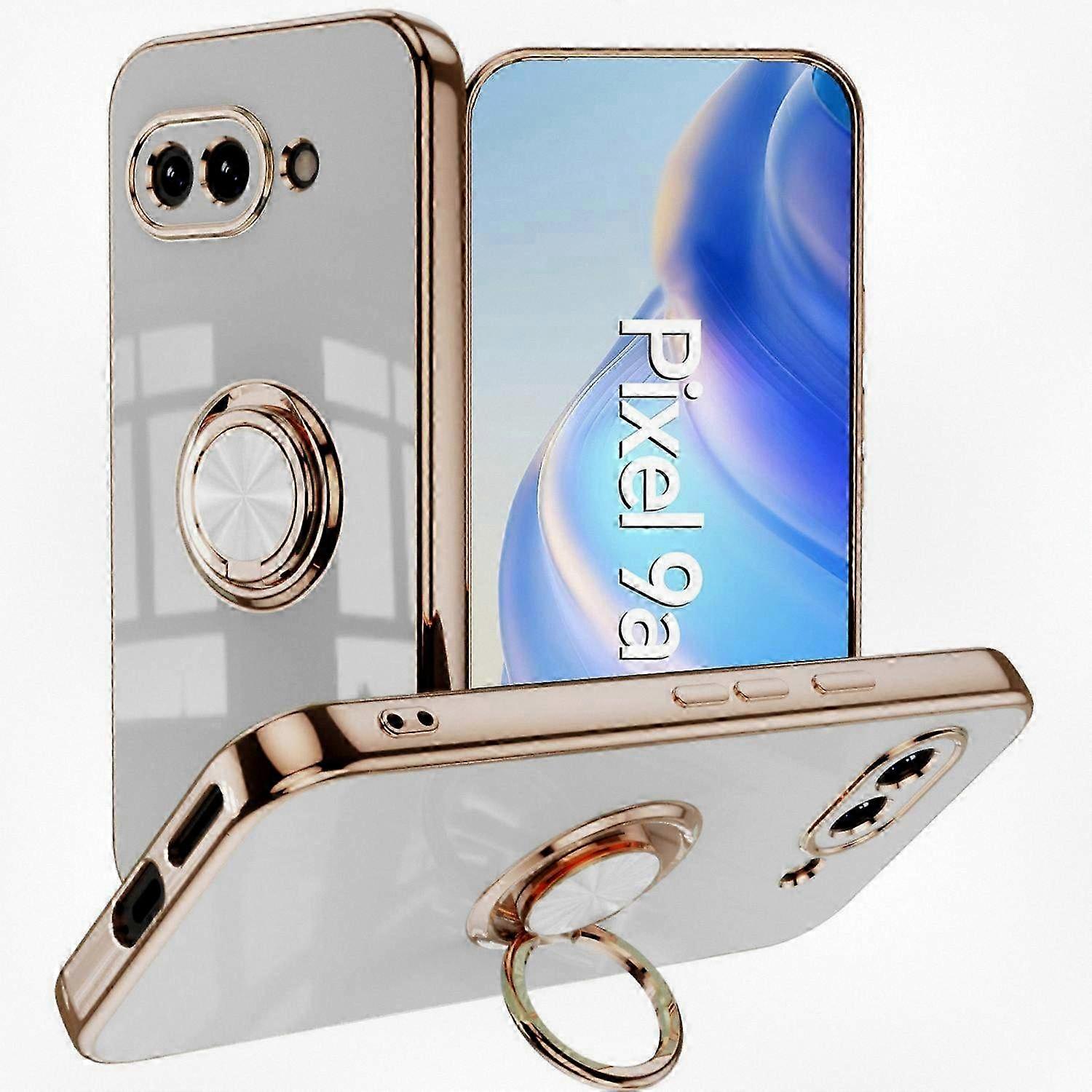 TPU Phone Case for Google Pixel 9a with Precise Cutouts 6D Electroplating & Ring Holder - White