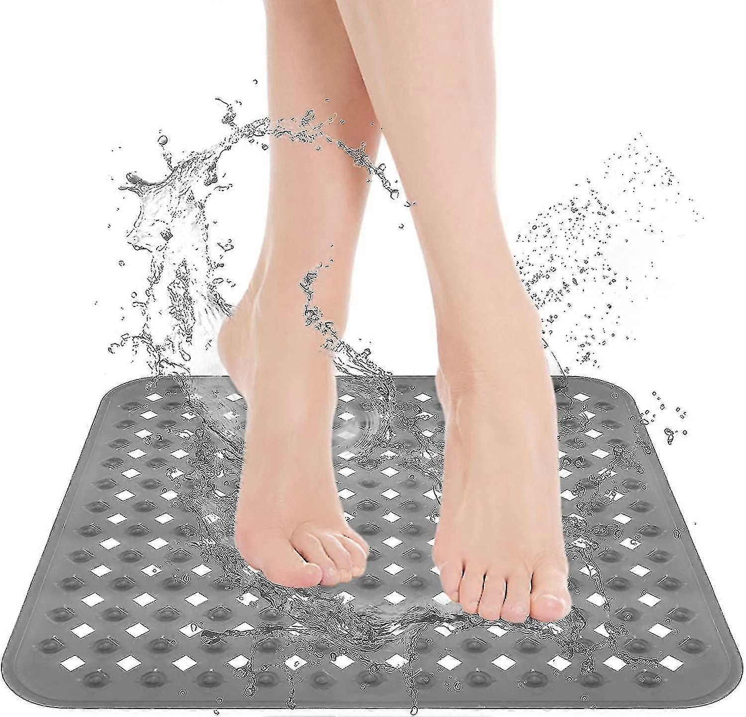 Non-Slip Shower Mat 53x53cm, Anti-Mildew & Antibacterial with Suction Cups, Machine Washable, Light Gray
