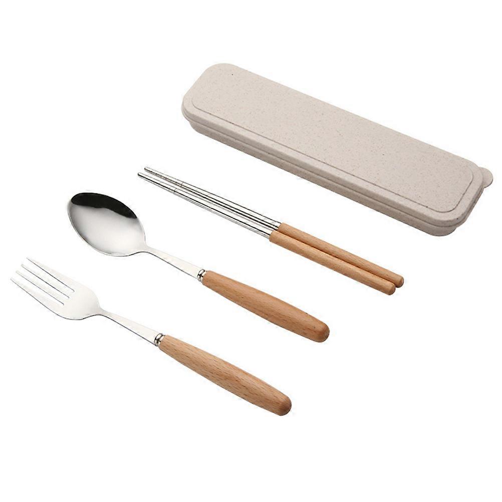 Portable Utensil Set With Case Stainless Steel Set Outdoor Portable Beech Handle Chopstick Spoon Fork Tableware Traveling 3Pcs