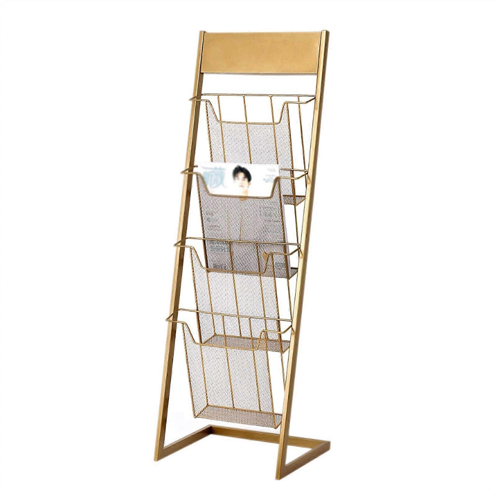 Magazine Rack with 4 Levels, Display Stand for Trade Shows, Gold Finish, Durable Metal Construction