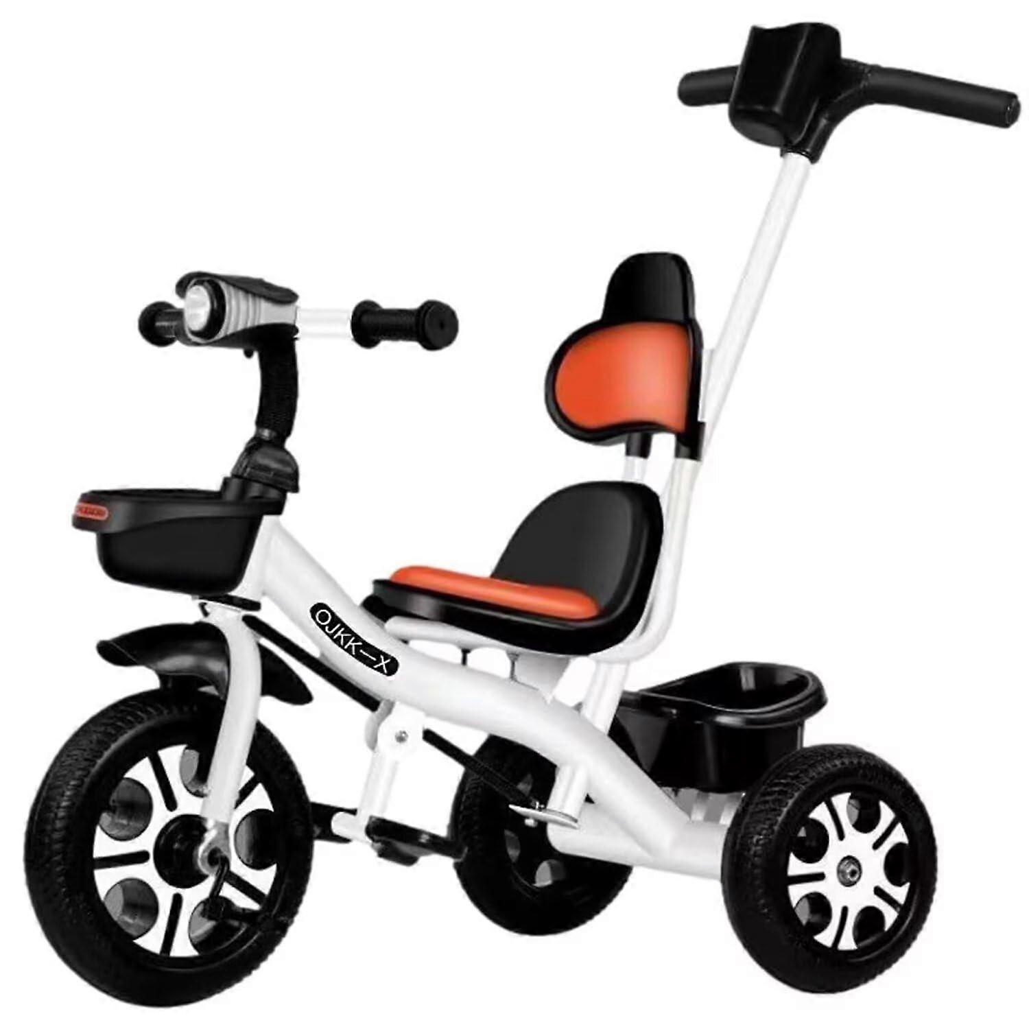 Stroller With Headlight And High Back Seat, Parent Tricycle With Push Handle, 3-Wheel Tricycle, White Foam Wheels
