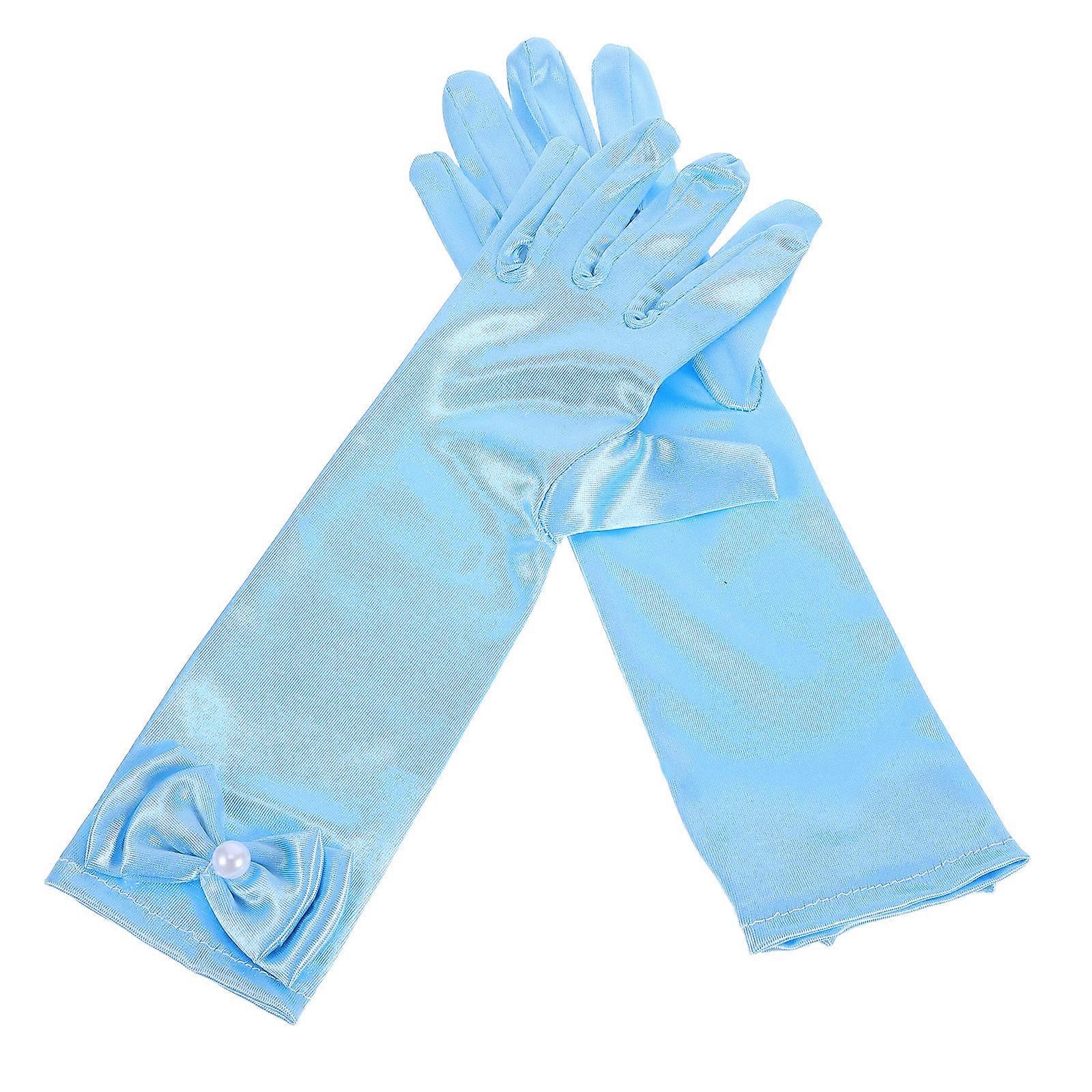 Luvas compridas para daminha de honra, 1 par, azuis, elegantes, com laço, para uso infantil.