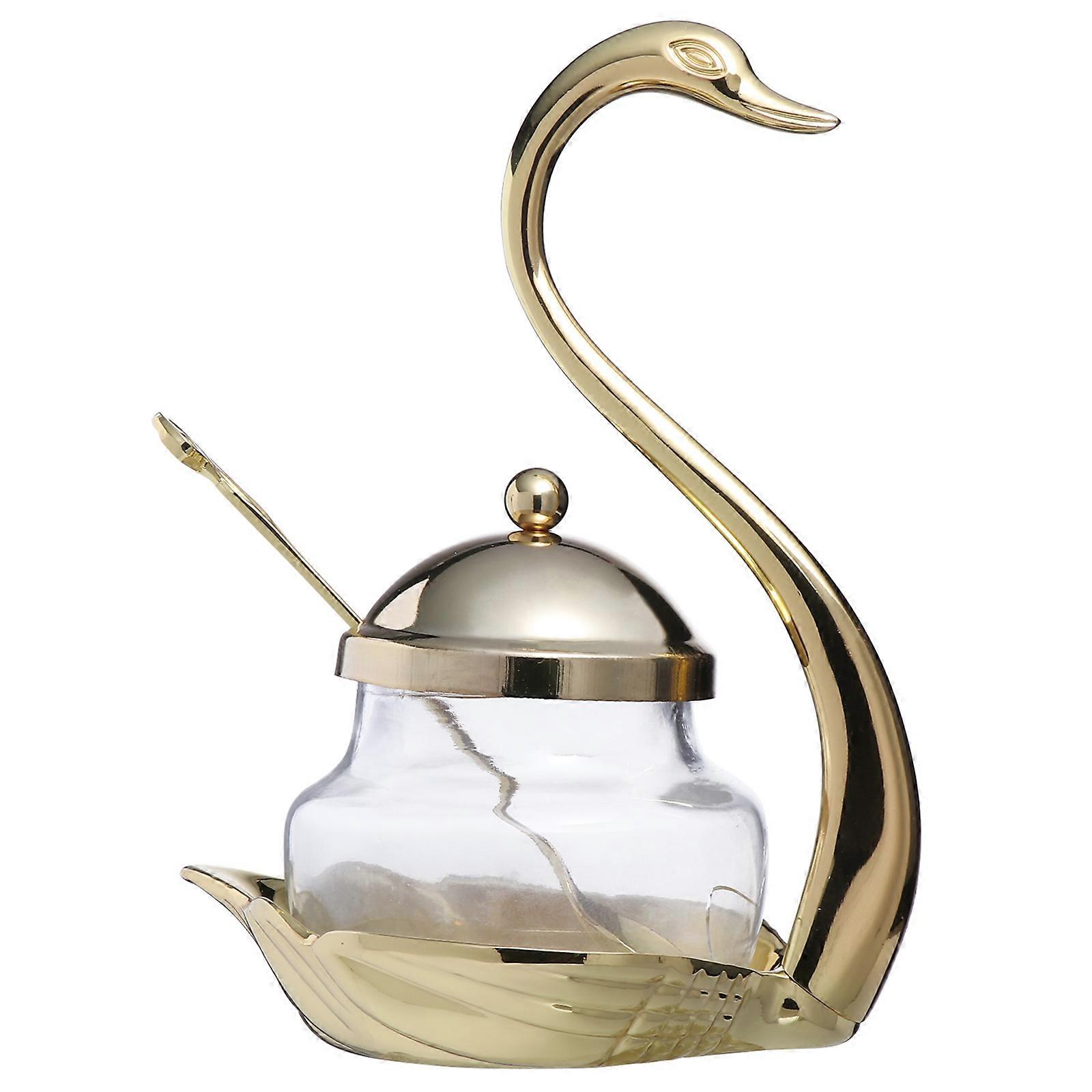 Golden SwanShaped Condiment Pot with Spoon Made of Zinc Alloy and Glass for Kitchen Storage 1Pc