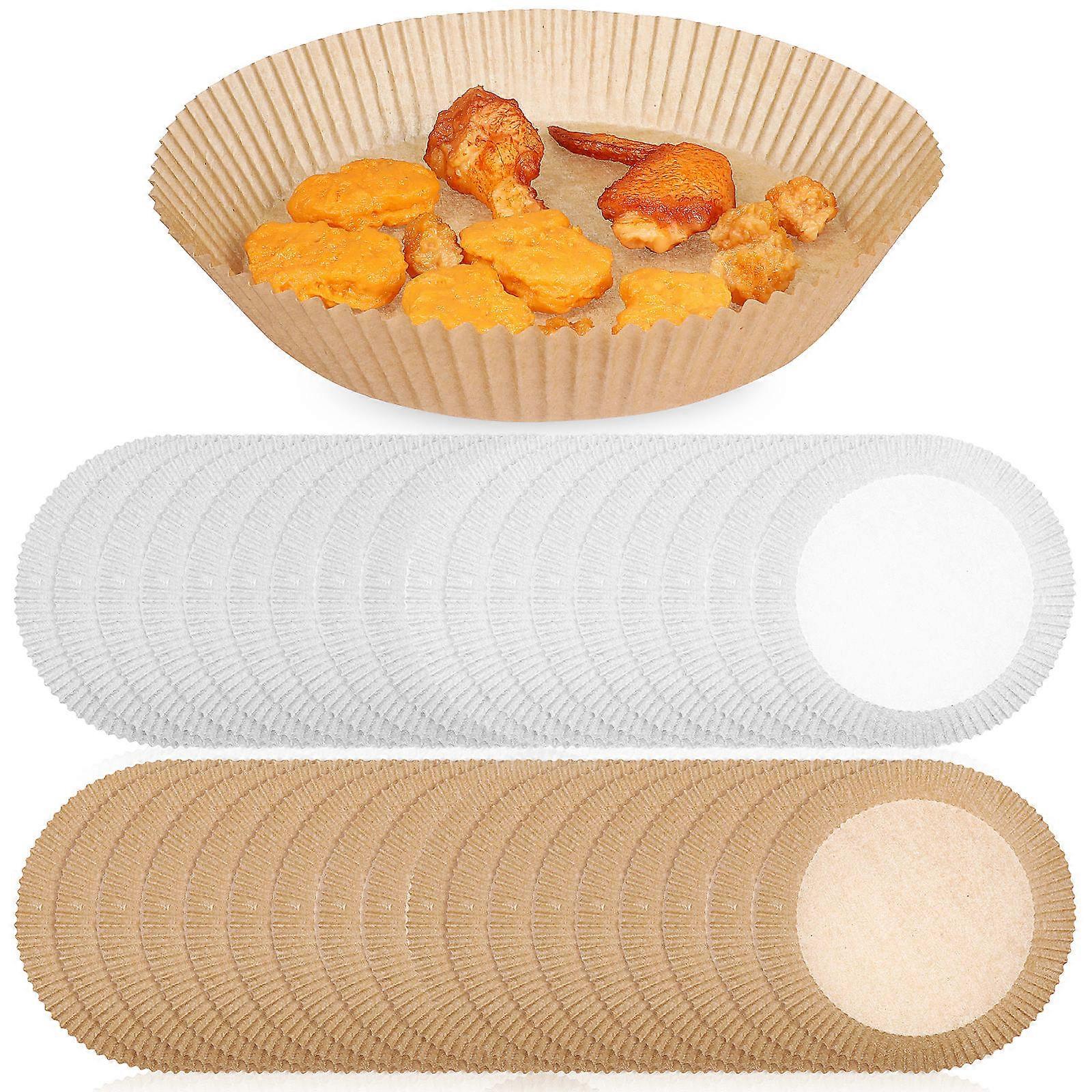50pcs Round Air Fryer Paper Liners, Non Stick Baking Parchment Greaseproof Pads for Roasting, Cooking, Microwave Oven with Raised Lines for Heat