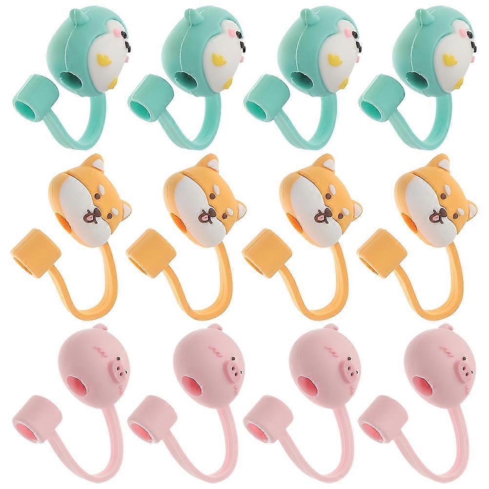 Cute Cartoon Straw Cover Toppers 12Pcs For Daily Use Penguin And Pig Shapes Dust-proof Functionality