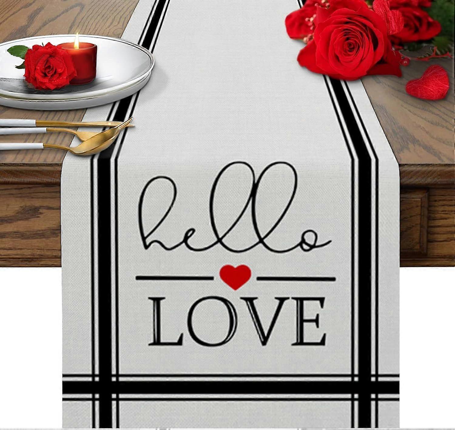 Valentine's Day White Table Runner, Red Love Quote Linen Burlap Table Runner