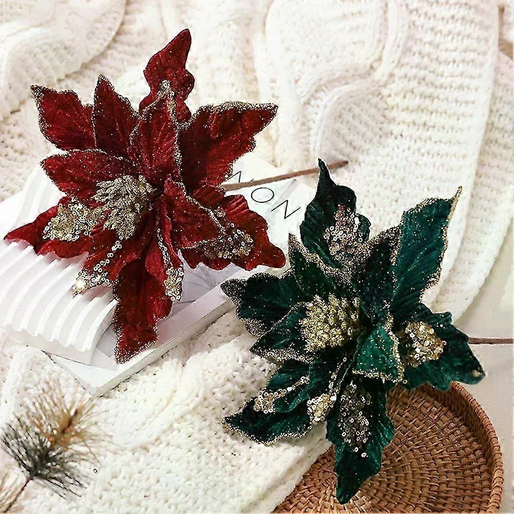 Christmas Poinsettia Glitter Cloth Flower Xmas Tree Red White Pink Green Flower Head Hanging Navidad New Year Decoration