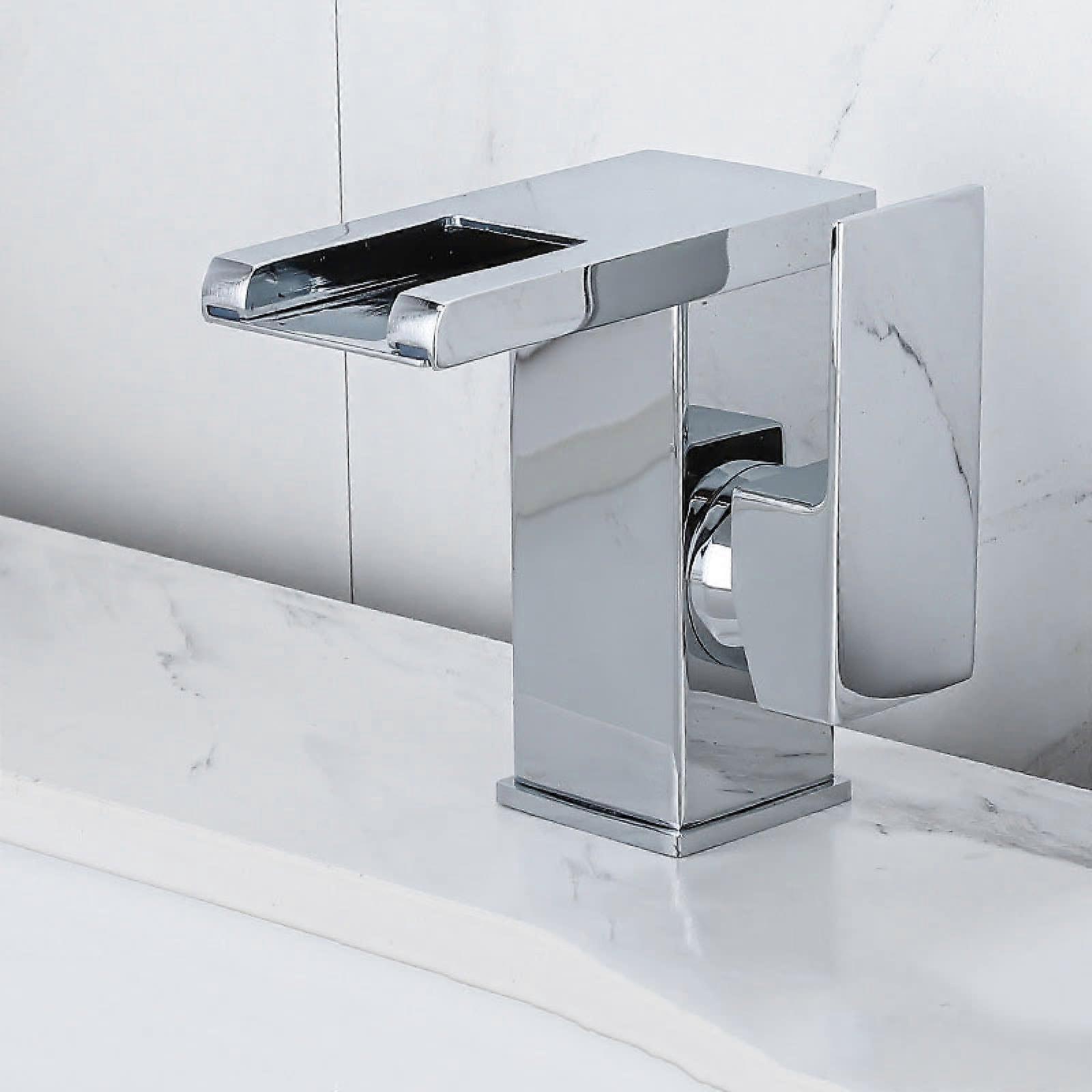 Led Waterfall Bathroom Sink Stainless Steel Lavatory Faucet, 3Color Changing LED, SingleHandle 1Hole Hot Cold, Silver