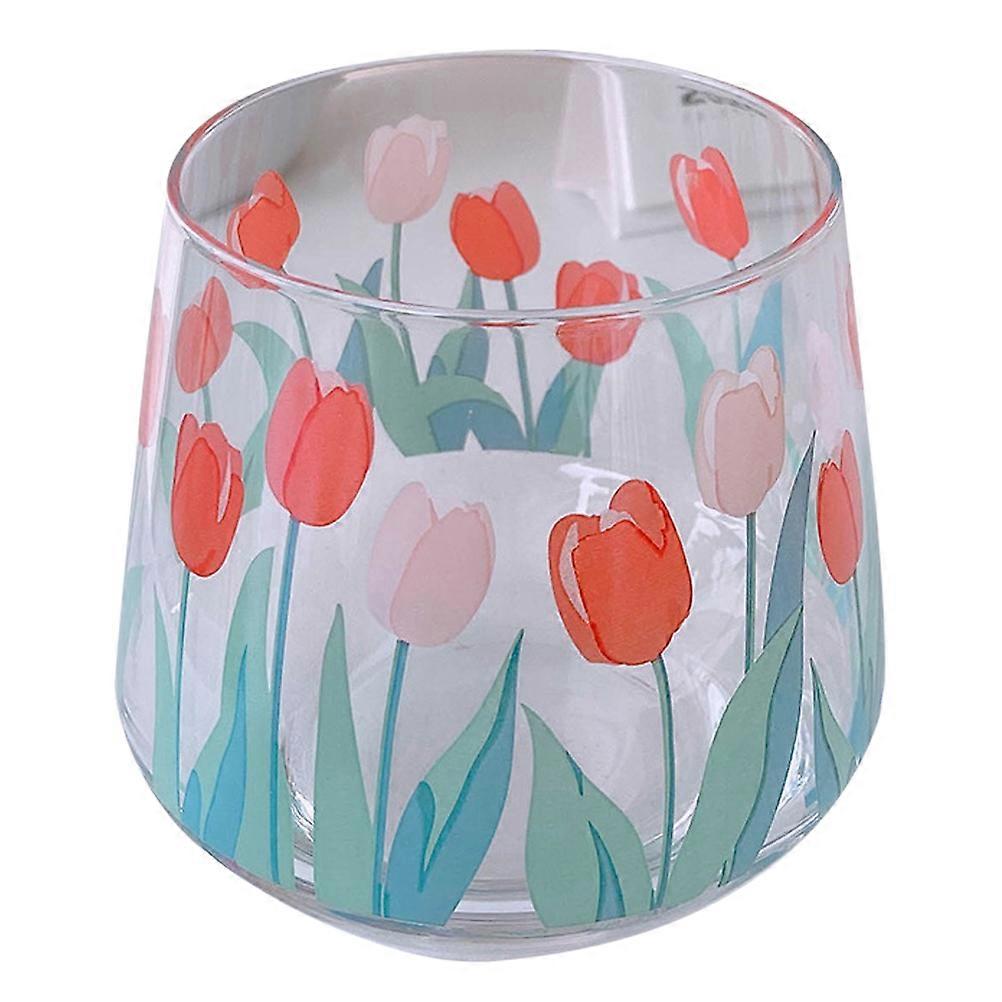 Tulip Pattern Glass Cup Office Use Tulip Shape Green Storage 1Pc