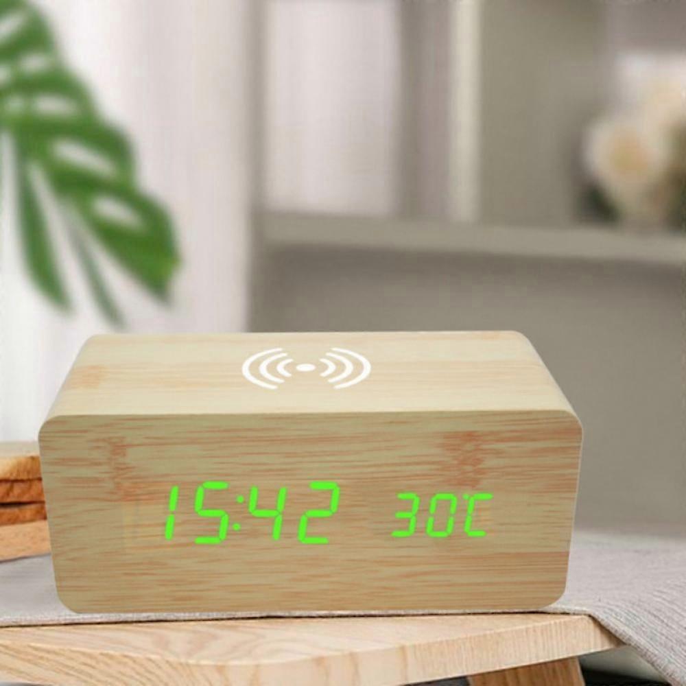 Digital Wooden Alarm Clock with Wireless Charging, 3 Alarms, LED Display, Snooze, Sound Control, Adjustable Brightness - Compatible with Qi Devices