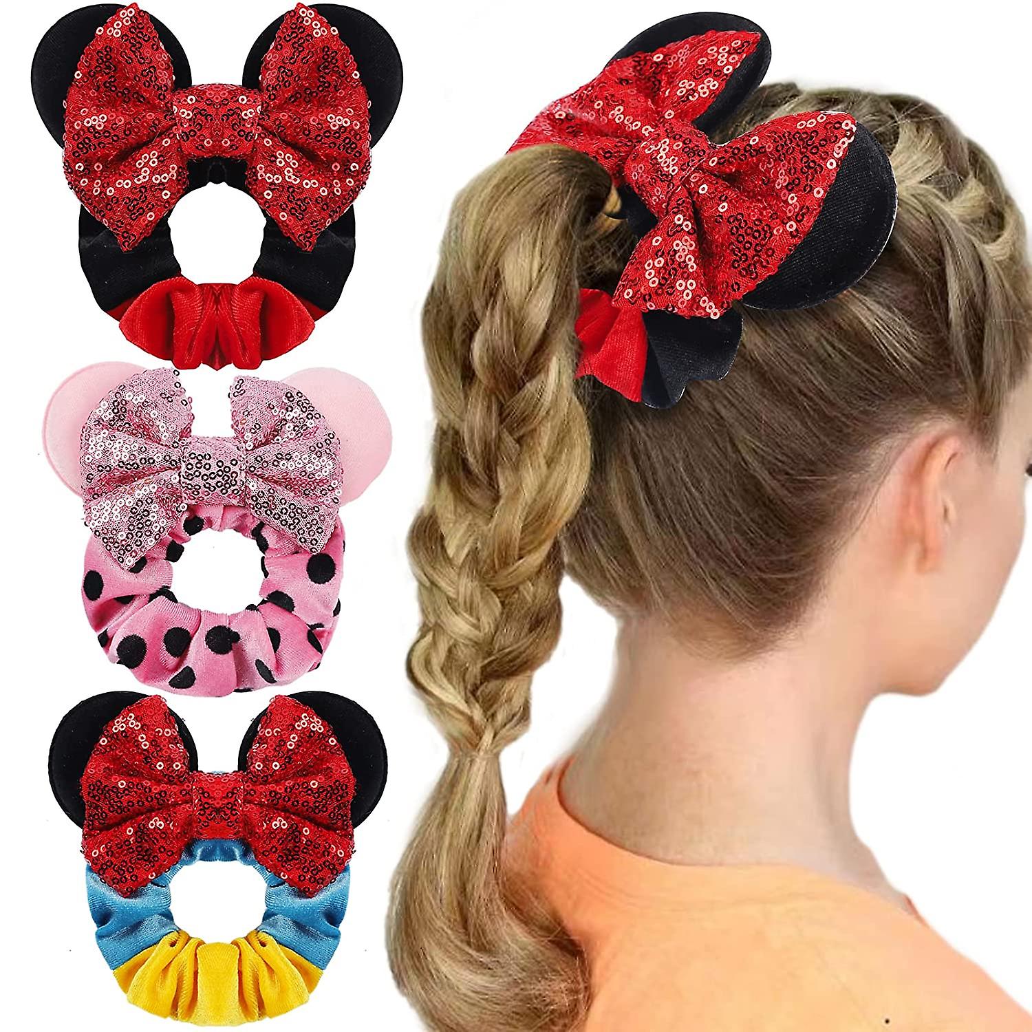 3pcs 헤어 스크런치 마우스 귀 활 스크런치, 스팽글 활 벨벳 탄성 고무 헤어 액세서리, 로프 포니 테일 홀더 헤어 타이, 샤워 헤드 밴드 스파