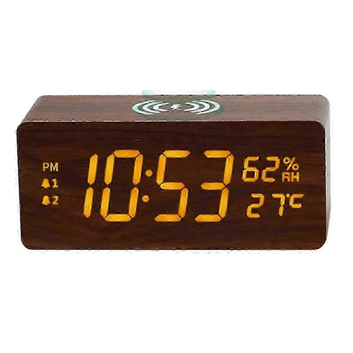 Multifunctional Wooden Wireless Charging Pad with 15W Fast Charging, Temperature & Humidity Display, LED Calendar Clock for Smart Devices