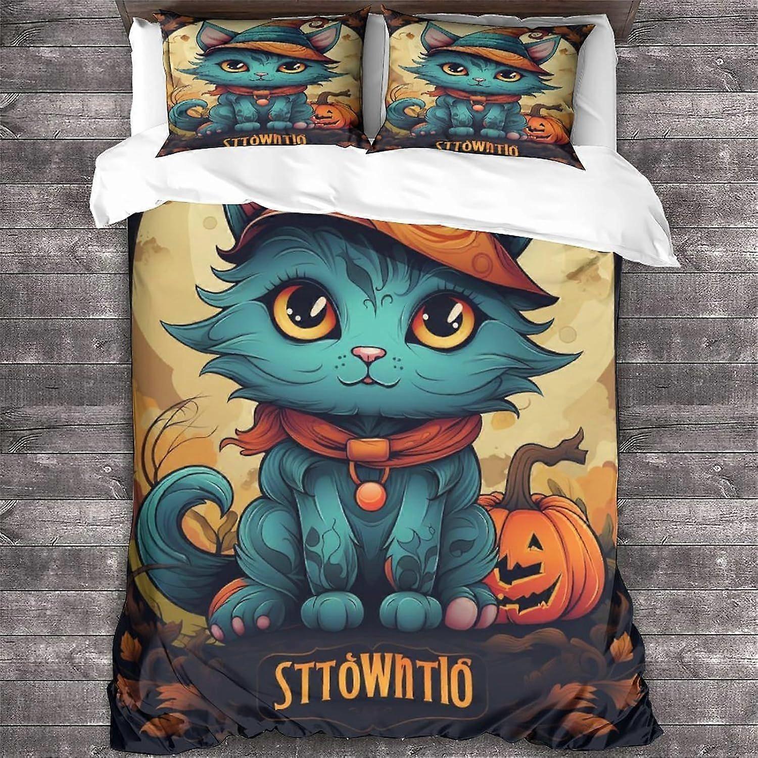مجموعة غطاء لحاف القط LikeEj ، مجموعة مفروشات الهالوين ثلاثية الأبعاد مع أكياس وسائد من الألياف الدقيقة وسحاب إغلاق اللحاف حالة تأثير المطبوع مزدوج