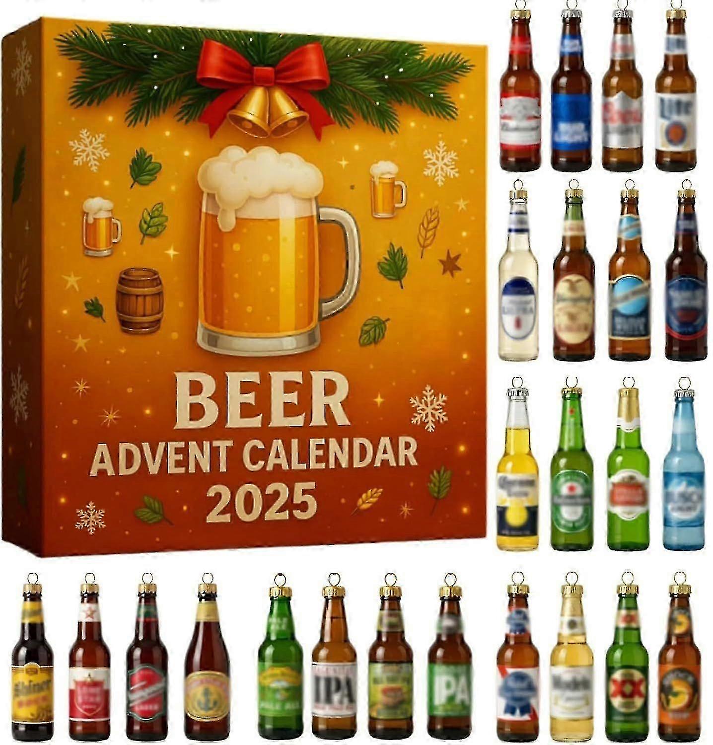 2025 Beer Christmas Advent Calendar, a 24-Day Countdown with 24 2D Acrylic Beer Ornaments for the Christmas Tree