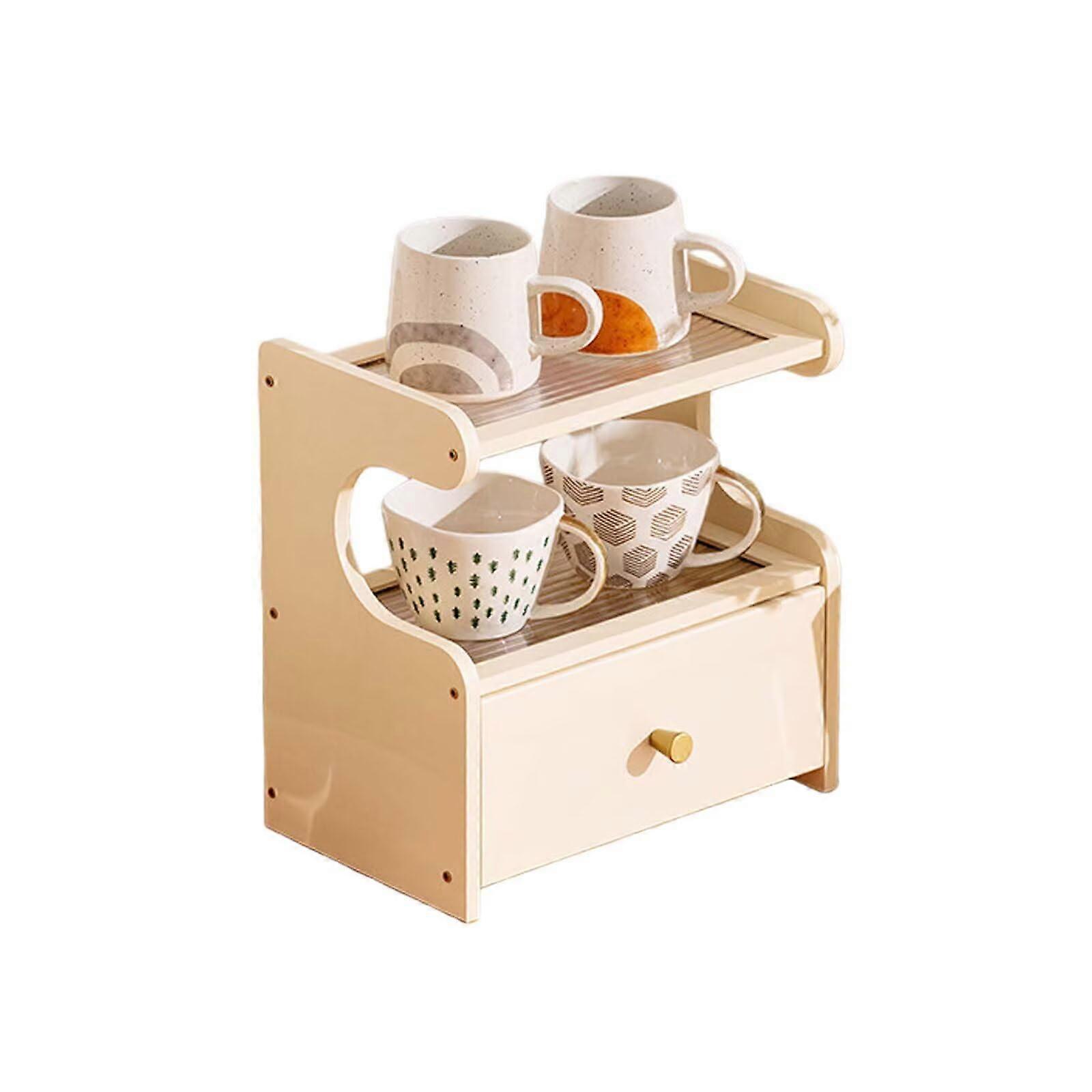 2Tier Bamboo Coffee Mug Organizer with Hidden Drawer, White Countertop Kitchen Storage Shelf
