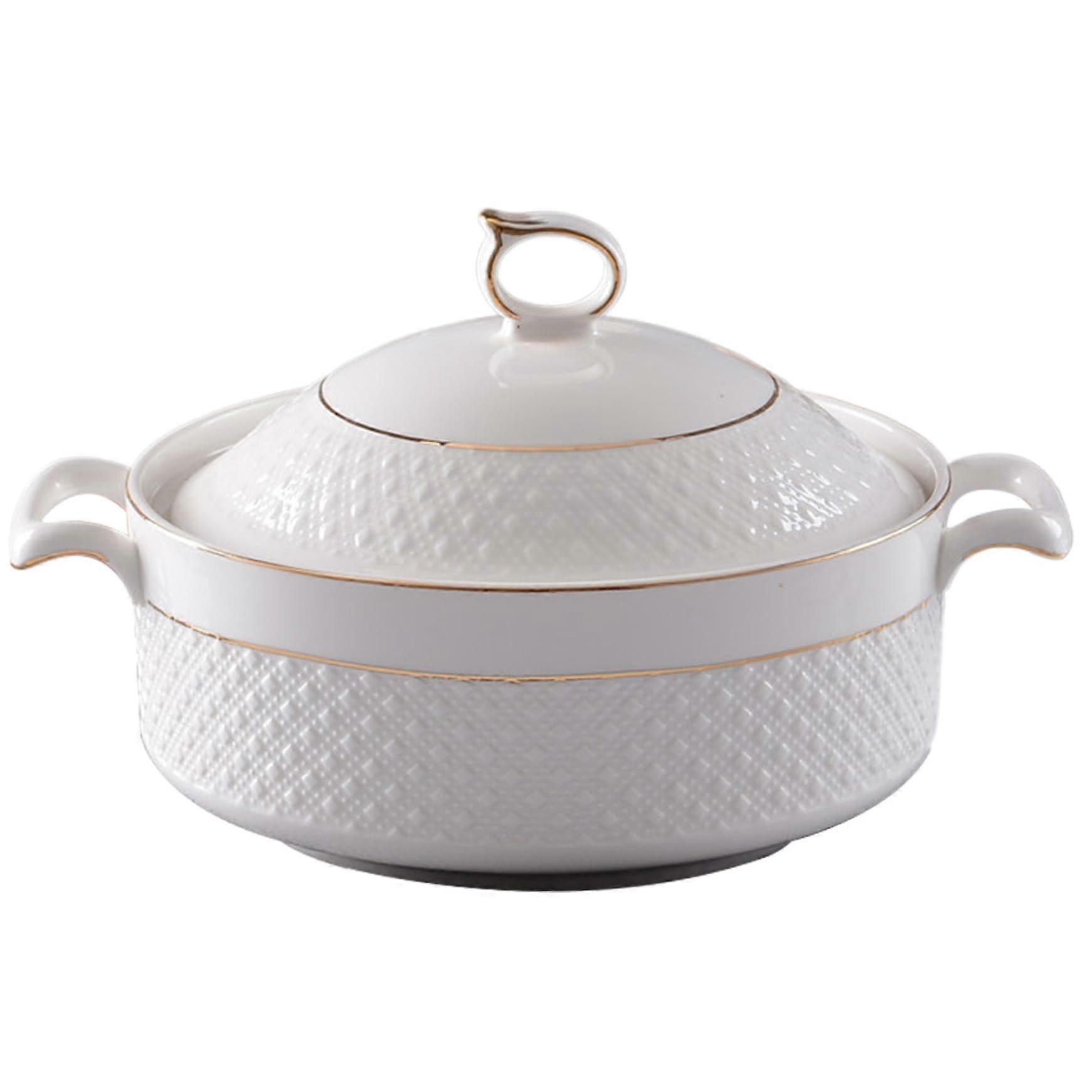 1.5L White Ceramic Soup Tureen with Lid and Ladle, Double Handle Serving Bowl for Pasta and Soup