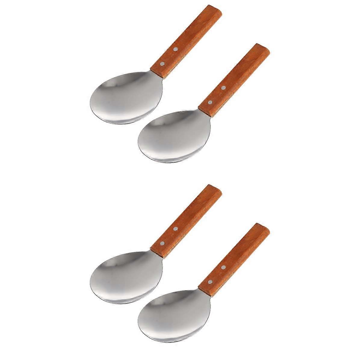 Stainless Steel Rice Paddle Set of 4 with Wood Handles, Ergonomic NonStick Spoons for Serving