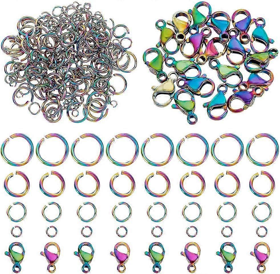 220 PCS Stainless Steel Open Jump Rings with Clasps 4 Sizes Rainbow Color Jump Rings with Clasps Stainless Steel Jump Rings Opener for DIY Necklace Br