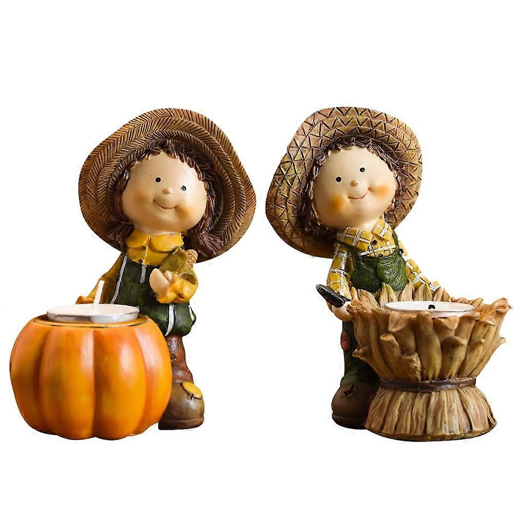 Set of 2 Fall Pumpkin Candle Holders with Scarecrow, Rustic Thanksgiving Tea Light Table Centerpiece
